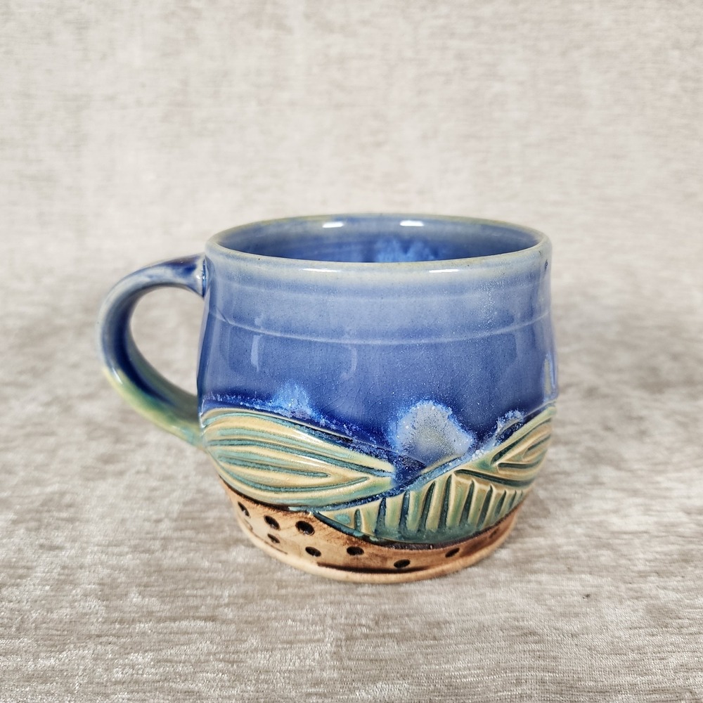 Studio Art Pottery Mug Blue Glaze Mountains Stamped Design Bottom 12oz Handmade - Picture 3 of 6